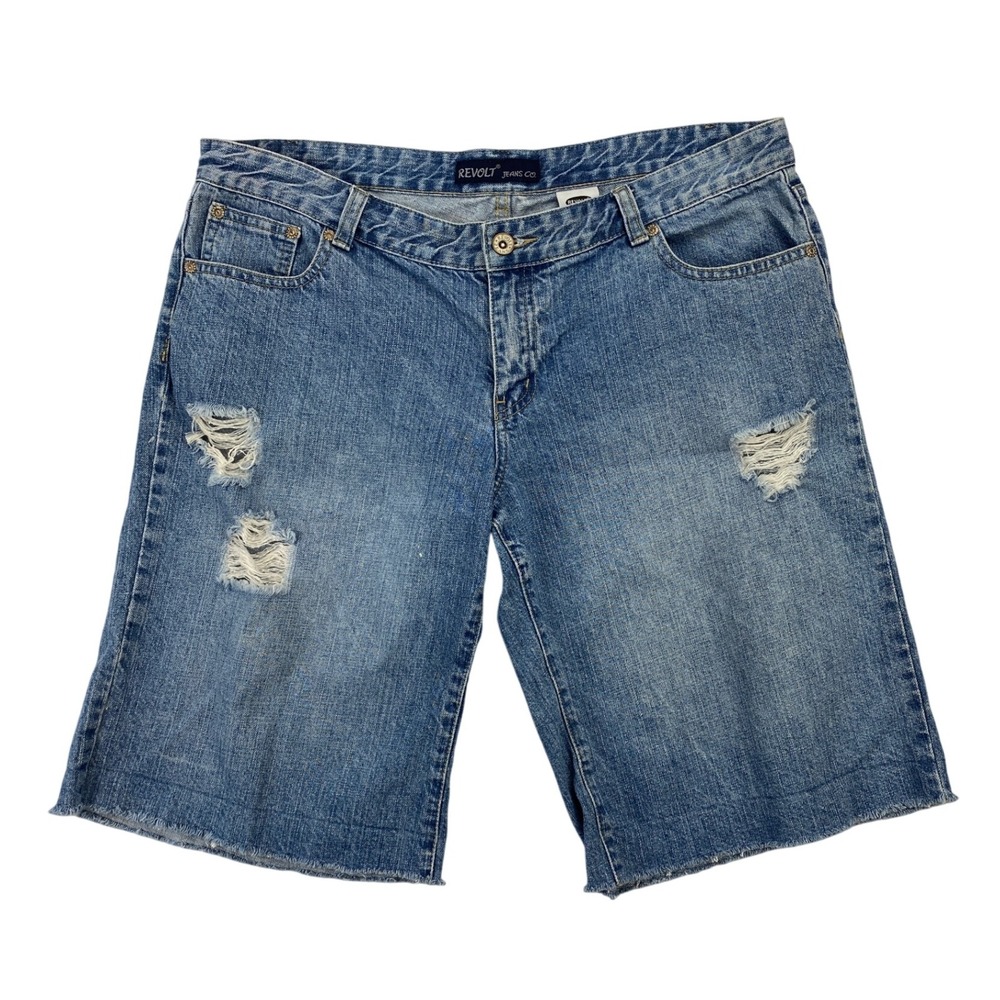 Vtg Revolt Jeans Co. Women's Sz 15 Distressed Denim Bermuda Shorts Blue Y2K